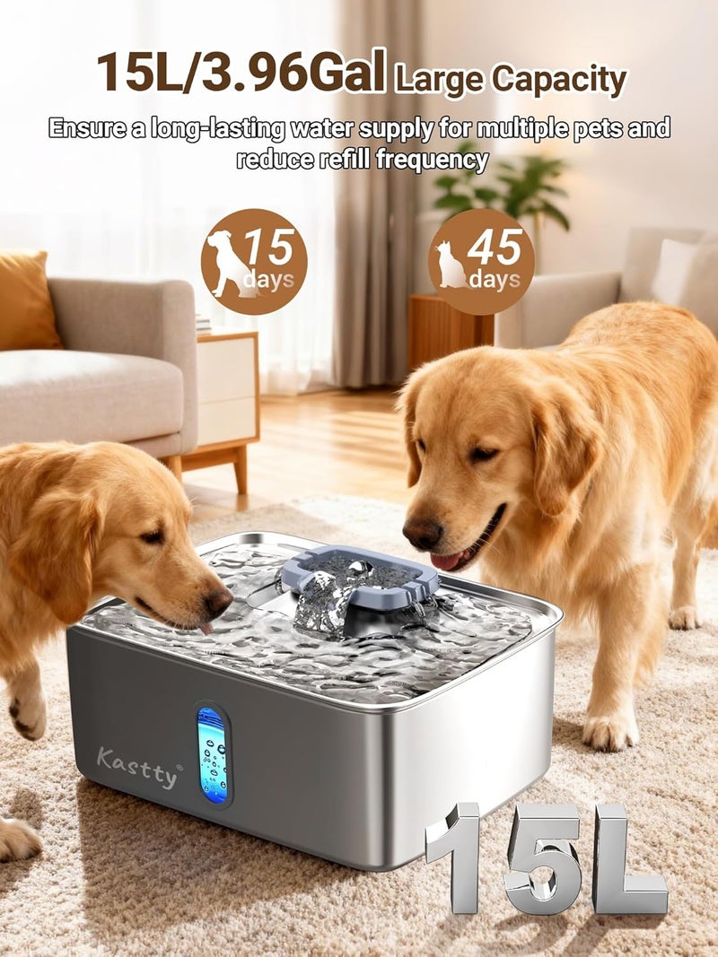Kastty 4 Gal Dog Water Fountain for Large Dogs,15L Stainless Steel Large Pet Water Fountain, Ultra Quiet Automatic Dog Water Bowl Dispenser with Water Level Window and LED Light(FS78,Grey - Image 2